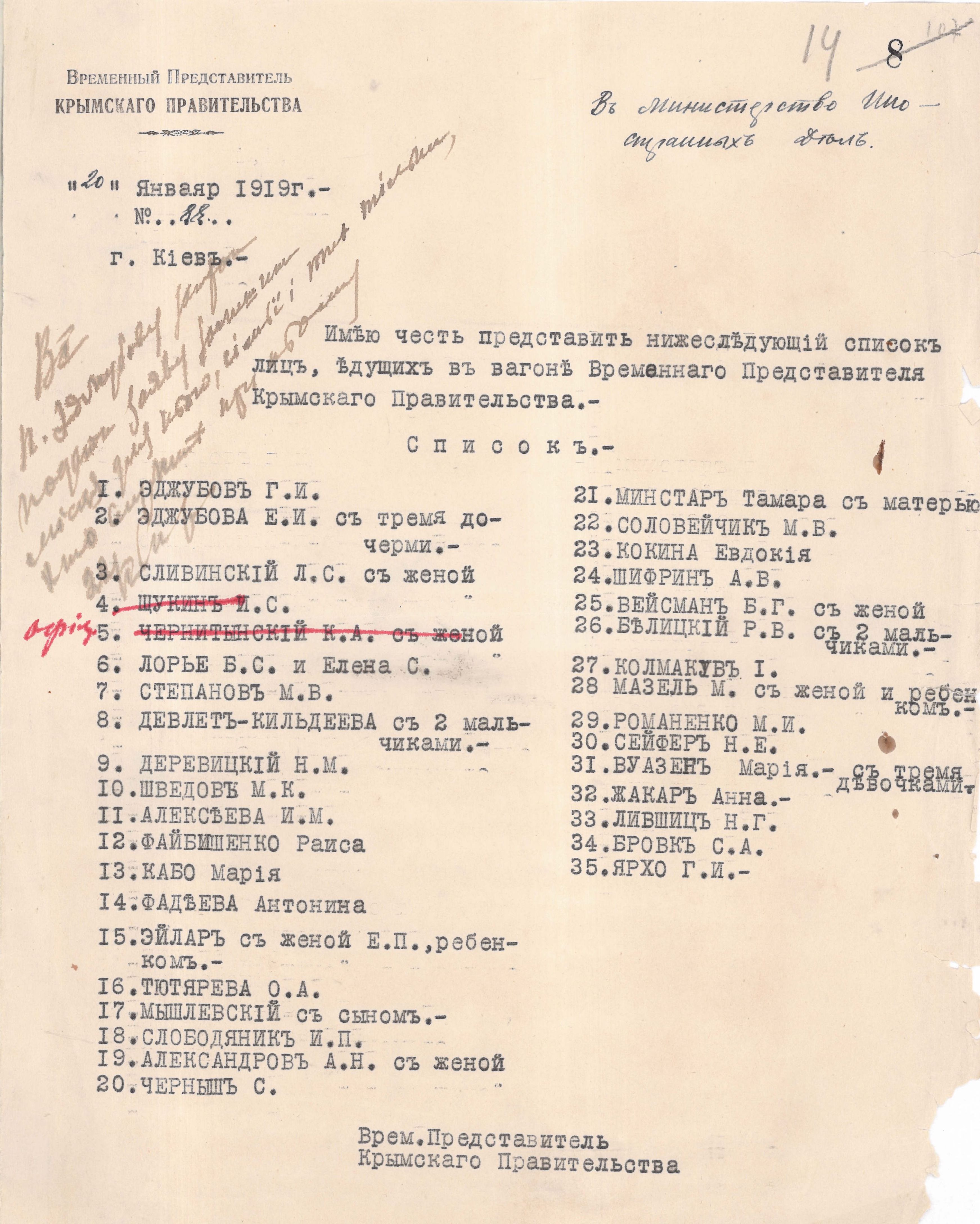 Листи Тимчасового представника Кримського уряду в Києві до Міністерства закордонних справ УНР із списками осіб, які повинні були їхати до Криму